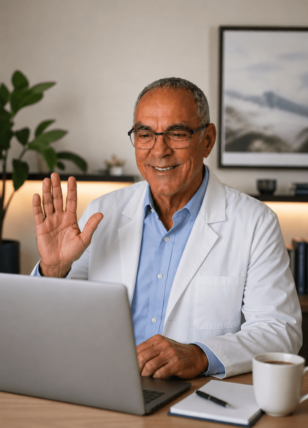 Dr. George Kessler, D.O., greeting a patient at the start of a virtual visit